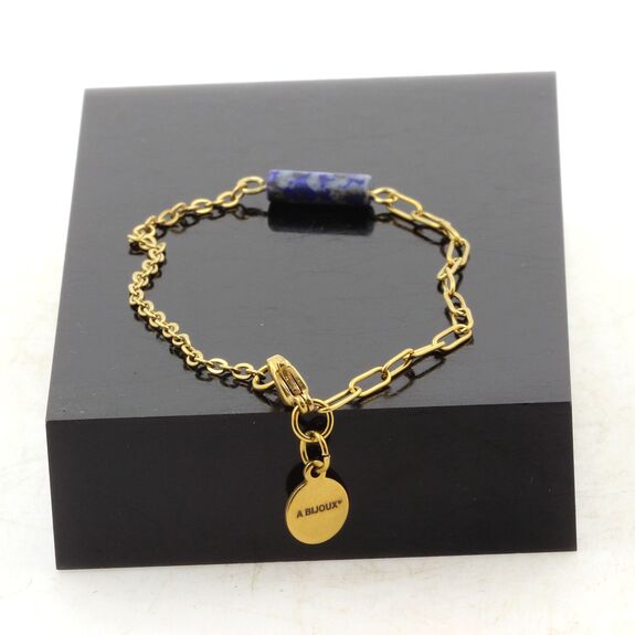 Bracelet en acier doré inoxydable double chaine 1 Perle Lapis Lazuli 4x13mm cylindre.