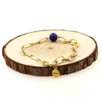 Bracelet en acier doré inoxydable double chaine (6x10 & 3x11 mm) 1 Perle Lapis Lazuli du Pakistan 5A 8 mm.
