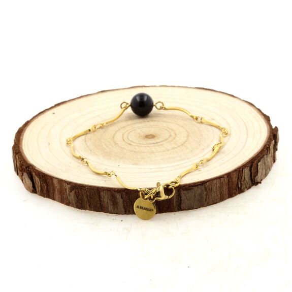 Bracelet en acier doré inoxydable chaine (1x15 mm) 1 Perle Tourmaline Schorl du Brésil 8 mm.