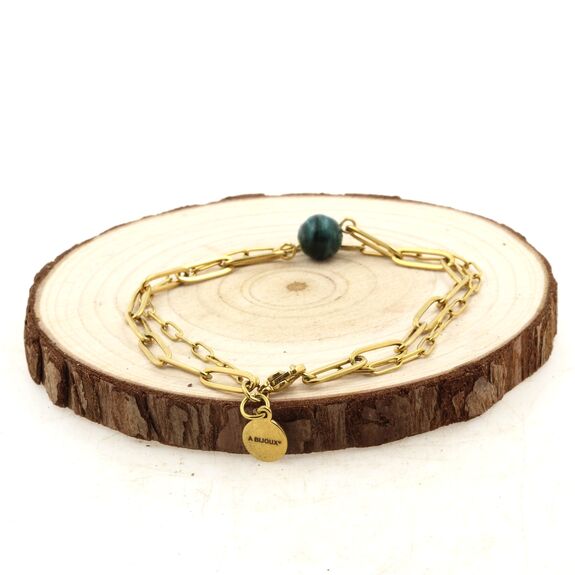 Bracelet en acier doré inoxydable double chaine (6x2 & 12x4 mm) 1 Perle Emeraude de Zambie 8 mm.