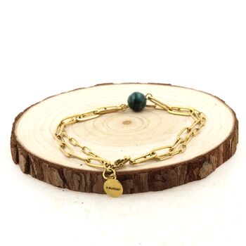 Bracelet en acier doré inoxydable double chaine (6x2 & 12x4 mm) 1 Perle Emeraude de Zambie 8 mm.