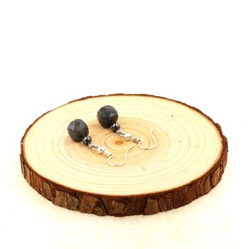 Stainless steel Earrings Labradorite 9mm faceted cube + Hematite 4mm 1 Bead.