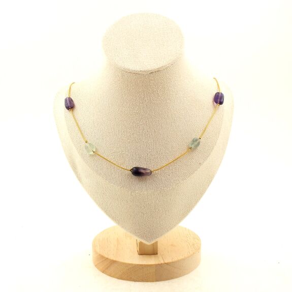 Collier 9 Perles Fluorite multicolore 5 mm-8 mm chaine en acier doré inoxydable.