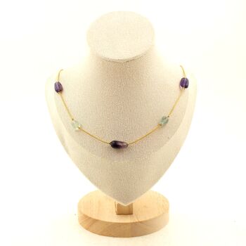Collier 9 Perles Fluorite multicolore 5 mm-8 mm chaine en acier doré inoxydable.