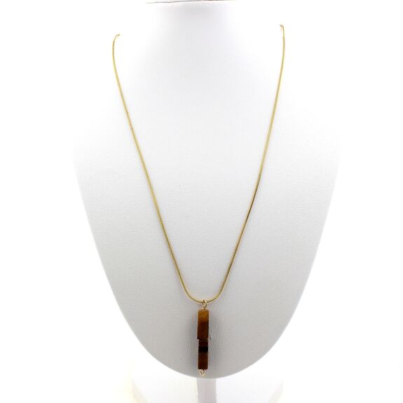 Collier 2 Perles Oeil de Tigre rectangle 13 mm chaine en acier doré inoxydable.