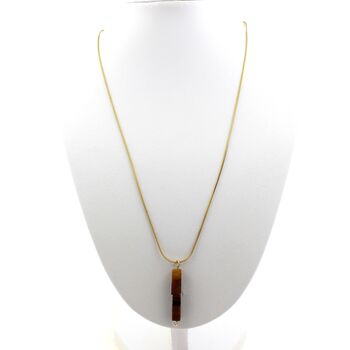 Collier 2 Perles Oeil de Tigre rectangle 13 mm chaine en acier doré inoxydable.