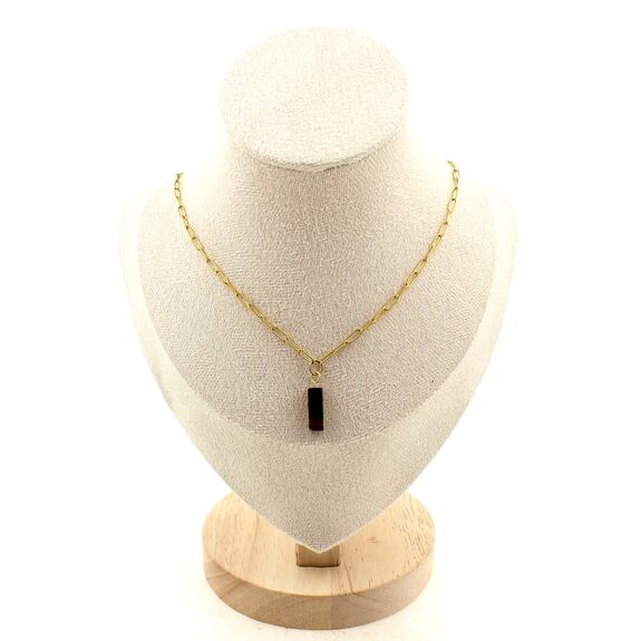 Collier 1 Perle Oeil de Tigre rectangle 13 mm chaine (2,5x6,5mm) en acier doré inoxydable.