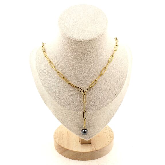 Collier 1 Perle Hématite 8 mm chaine (3,5x11mm) en acier doré inoxydable.