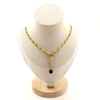 Collier 1 Perle Emeraude de Zambie 8 mm chaine (5,5x7mm) en acier doré inoxydable.