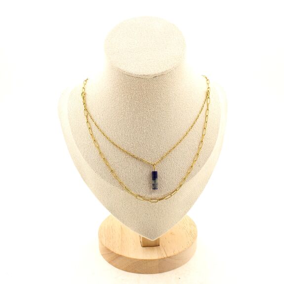 Collier 1 Perle Lapis Lazuli 4x13mm cylindre double chaine (1 & 2x5mm) en acier doré inoxydable.