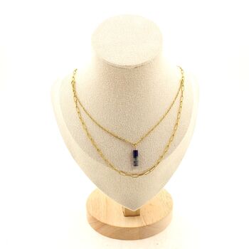 Collier 1 Perle Lapis Lazuli 4x13mm cylindre double chaine (1 & 2x5mm) en acier doré inoxydable.