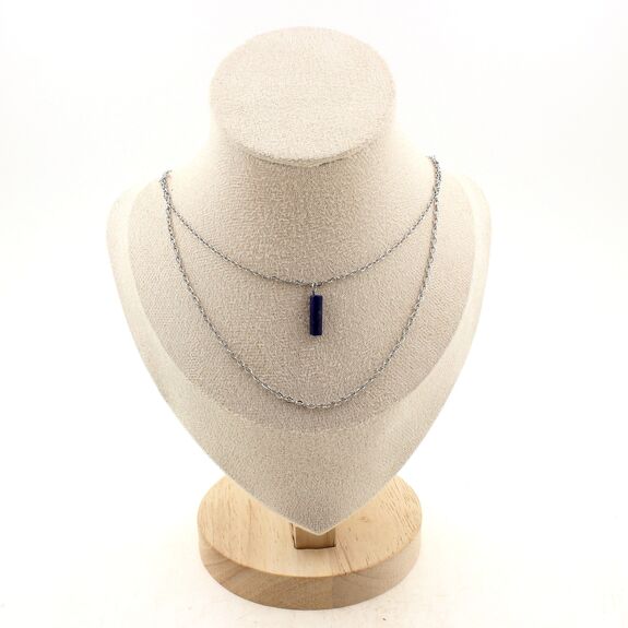 Collier 1 Perle Lapis Lazuli 4x13mm cylindre double chaine (1 & 2x5mm) en acier inoxydable.