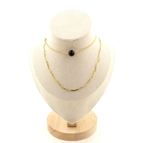 Collier 1 Perle Tourmaline Schorl du Brésil 8 mm double chaine (1x15 mm) en acier doré inoxydable.