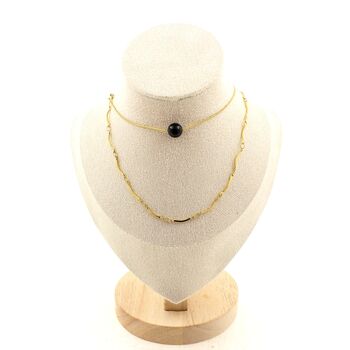 Collier 1 Perle Tourmaline Schorl du Brésil 8 mm double chaine (1x15 mm) en acier doré inoxydable.