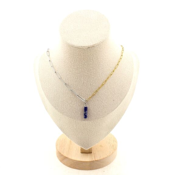 Collier 1 Perle Lapis Lazuli 4x13mm cylindre double chaine 2 tons (2,5x6,5 & 3,5x11mm) en acier doré inoxydable.