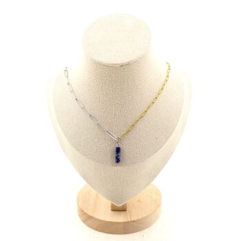 Collier 1 Perle Lapis Lazuli 4x13mm cylindre double chaine 2 tons (2,5x6,5 & 3,5x11mm) en acier doré inoxydable.