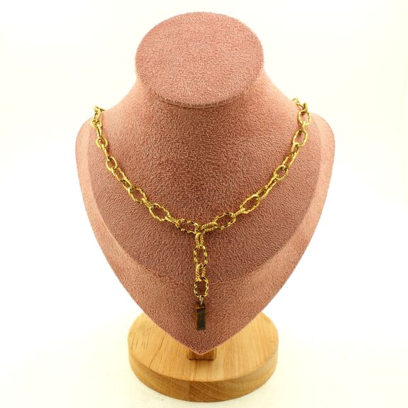 Collier 1 Perle Oeil de Tigre rectangle 13 mm chaine (7x11mm) en acier doré inoxydable.