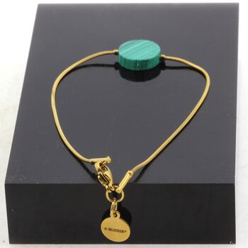 Golden Stainless steel bracelet 1 Malachite round flat 12 mm Bead.