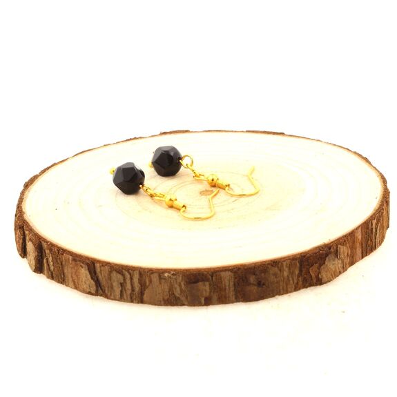 Golden Stainless steel Earrings Black Onyx 8mm faceted diamond shape 1 Bead.