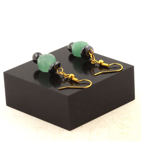 Golden Stainless steel Earrings Aventurine 8.5-9 mm faceted cube shape 1 Bead + 2 Hematite Beads 6 and 8 mm.