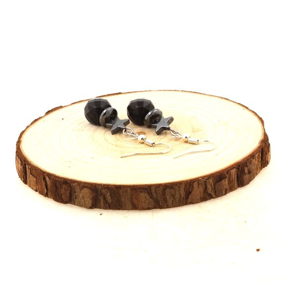 Stainless steel Earrings Schorl Tourmaline 8.5-9 mm faceted cube shape 1 Bead + 2 Hematite Beads 8 mm.