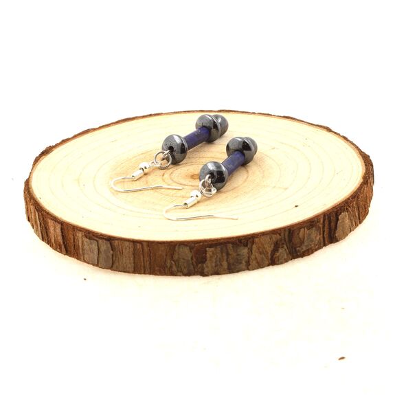 Stainless steel Earrings Lapis Lazuli 4x13mm cylinder shape 1 Bead + 3 Hematite Beads 6 and 8 mm.