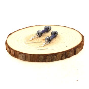 Stainless steel Earrings Lapis Lazuli 4x13mm cylinder shape 1 Bead + 3 Hematite Beads 6 and 8 mm.