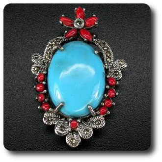 CORAL TURQUOISE & MARCASITE PENDANT