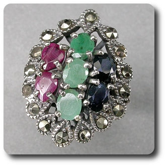 SAPPHIRE RUBY EMERALD & MARCASITE RING