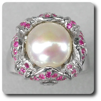 White Pearl & Red Ruby Ring