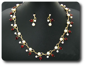 Pearl & Red Ruby Necklace + Earrings