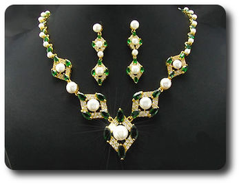 Pearl & Green Emerald Necklace + Earrings