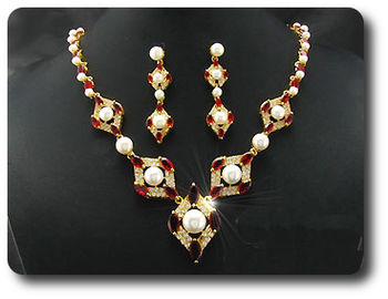 Pearl & Red Ruby Necklace + Earrings