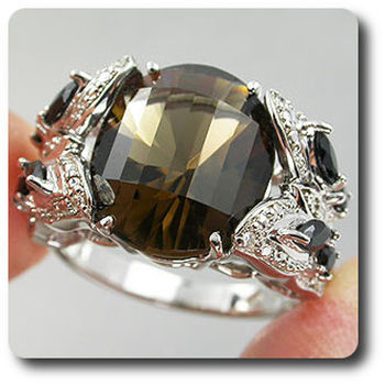 SMOKY QUARTZ, BLUE ONYX & DIAMOND RING