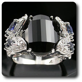 BLACK ONYX , BLUE SAPPHIRE & DIAMOND RING