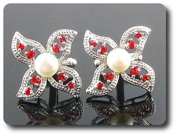 16x3 mm Red Ruby & White Pearl Cufflink for women