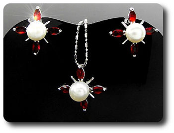12x5mm Red Ruby & Pearl Pendant Earrings Set
