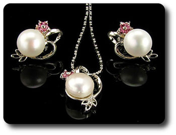 15x2mm Pink Sapphire & Pearl Pendant Earrings Set