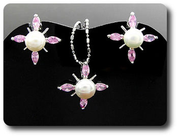12x5mm Pink Sapphire & Pearl Pendant Earrings Set