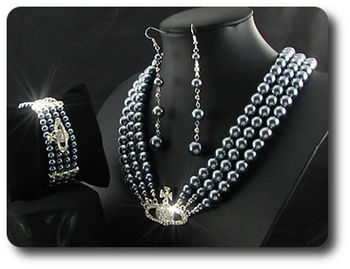 224x6~12mm Pearl + Created Diamond Necklace Bracelet Earrings Set