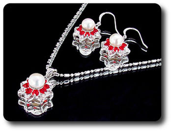 24x3mm Red Ruby & Pearl Pendant Earrings Set