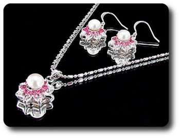 24x3mm Pink Sapphire & Pearl Pendant Earrings Set
