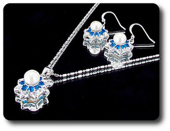 24x3mm Blue Sapphire & Pearl Pendant Earrings Set