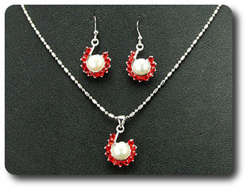 36x3mm Red Ruby & Pearl Pendant Earrings Set