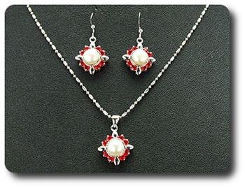 24x3mm Red Ruby & Pearl Pendant Earrings Set