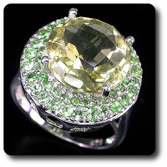BAGUE QUARTZ JAUNE & GRENAT TSAVORITE