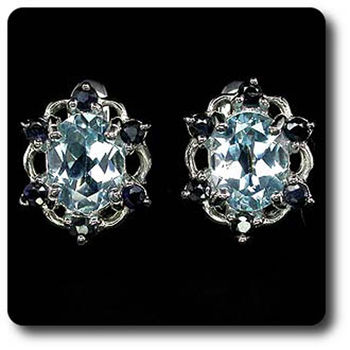 BOUCLES D'OREILLE TOPAZE BLEU & SAPHIR NOIR