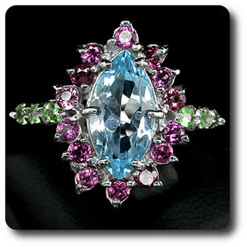 BAGUE TOPAZE BLEU, GRENAT TSAVORITE & GRENAT RHODOLITE ROSE