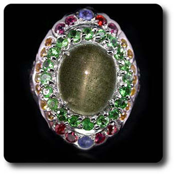 AQUAMARINE CATS EYE, TSAVORITE GARNET & FANCY SAPPHIRE RING
