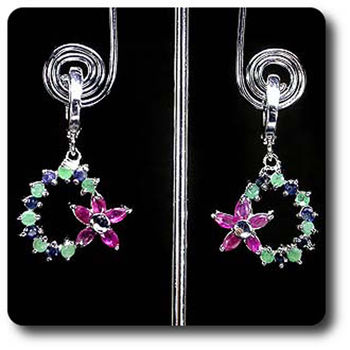 BOUCLES D'OREILLE EMERAUDE RUBIS & SAPHIR
